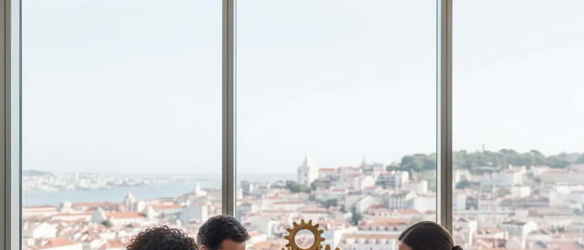 Casal português numa reunião com consultor financeiro, escritório moderno, documentos