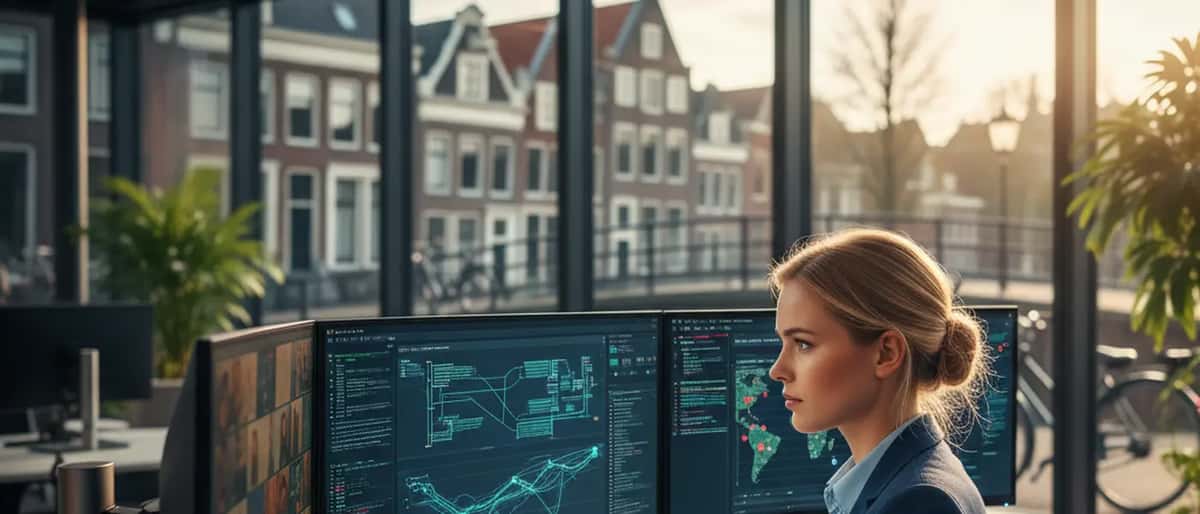 IT-beveiligingsexpert analyseert nep sociale media profielen op meerdere computerschermen in een modern kantoor