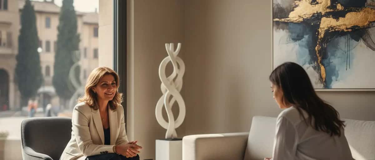 Psicologa italiana in ascolto attento durante una seduta di consulenza in studio