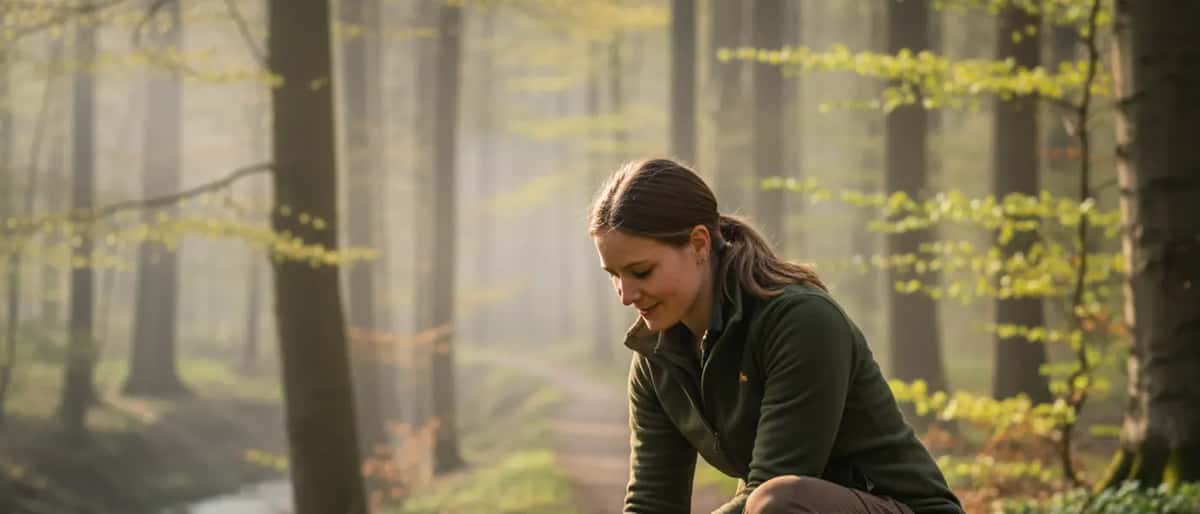 Person sammelt Wildkräuter im Frühjahrwald in Deutschland und prüft die Blätter