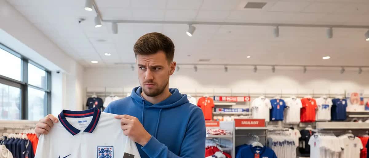 England football fan checking price tag on white jersey in sports shop