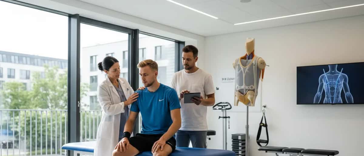 Junger Tennisspieler bei sportmedizinischer Schulteruntersuchung in einer Klinik