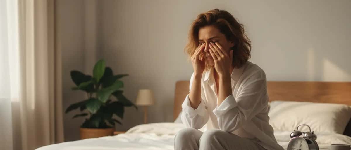 Müde Frau sitzt am Morgen auf der Bettkante und reibt sich die Augen, Wecker im Hintergrund