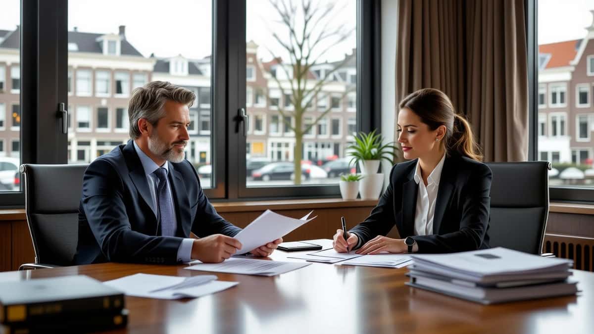 OR-voorzitter en arbeidsrechtadvocaat bestuderen WOR-documenten in overlegkamer van Amsterdams advocatenkantoor