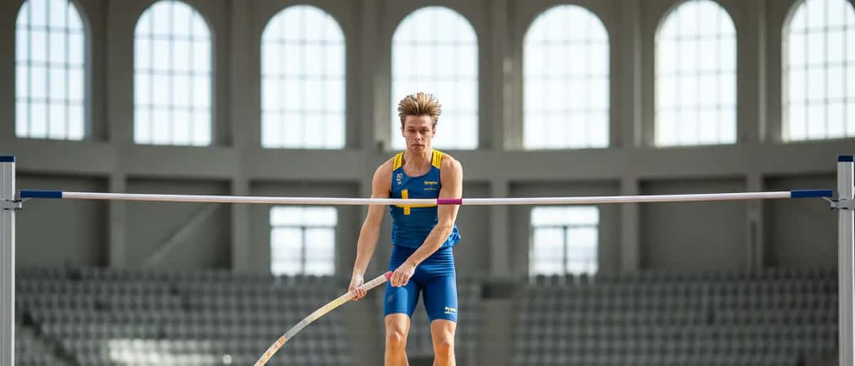 Stavhoppare tränar inomhus i en arena med hög fart och teknisk precision