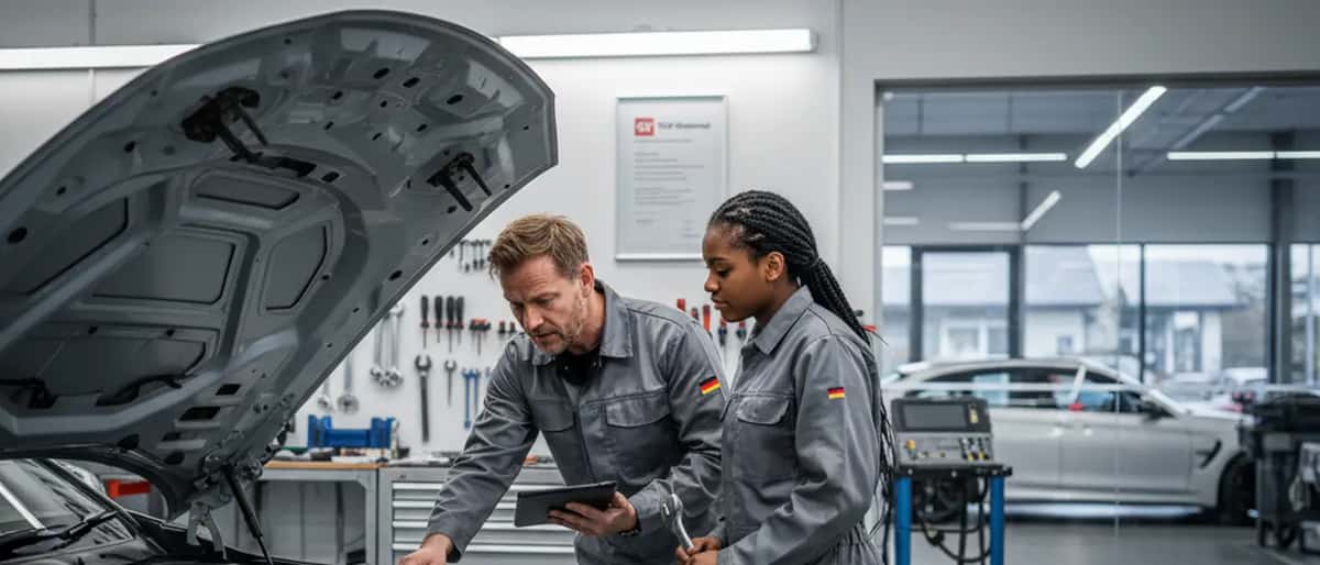 Deutscher Kfz-Meister untersucht BMW-Motor in einer professionellen Werkstatt mit TÜV-Zertifikat an der Wand