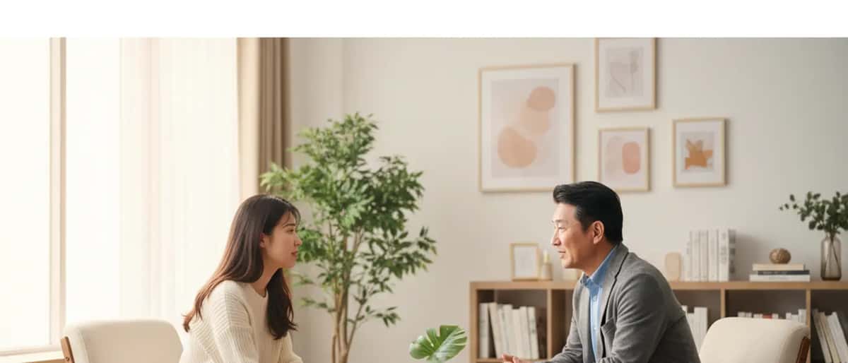 Frau im Gespräch mit einem Psychologen in einem hellen Therapiebüro