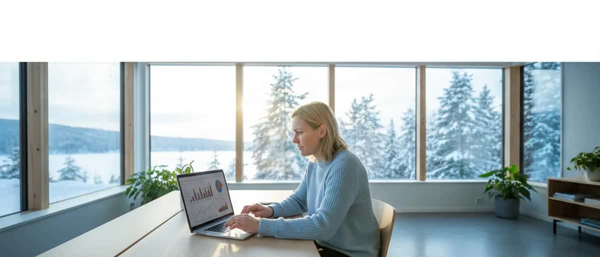 Person som granskar finansiella diagram på en laptop med en fotboll i bakgrunden, skandinaviskt kontor