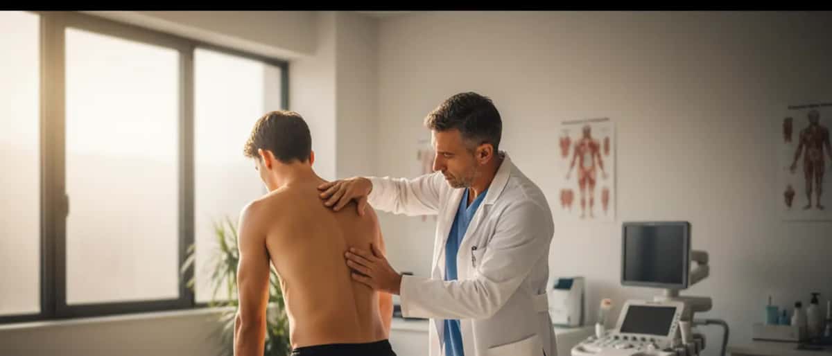 Médico deportivo examinando la espalda de un tenista joven en una clínica deportiva