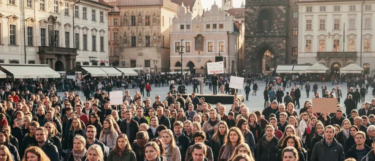 Grande foule pacifique rassemblée sur une place publique d'Europe centrale lors d'un rassemblement démocratique