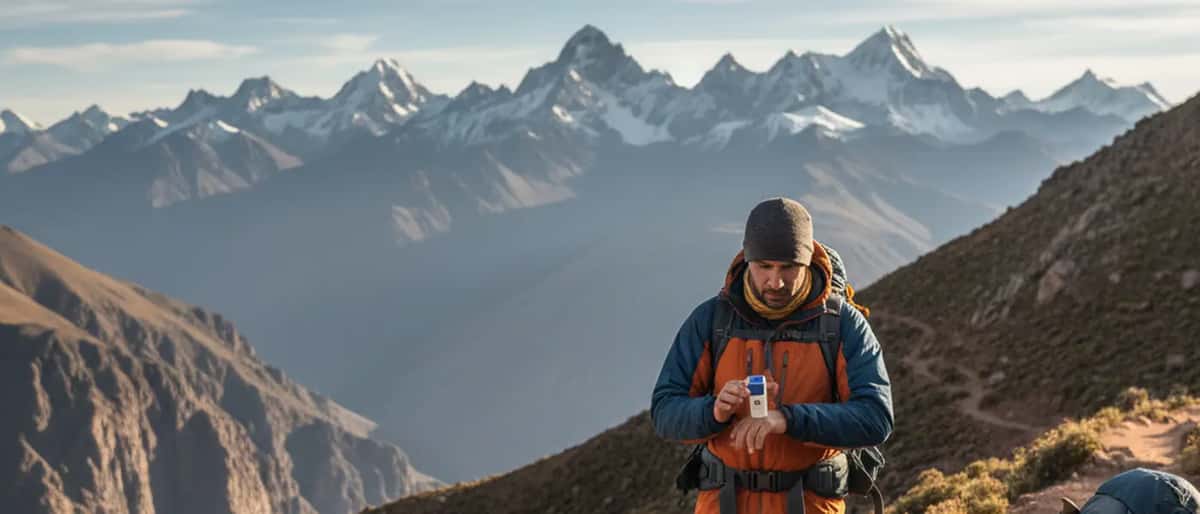 Caminhante português a verificar oxímetro de pulso no dedo numa trilha de montanha de alta altitude, picos andinos cobertos de neve ao fundo