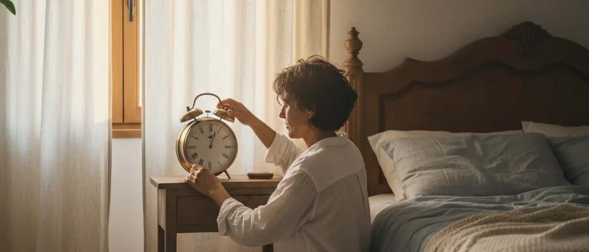 Pessoa portuguesa a ajustar um relógio de cabeceira de manhã cedo antes da mudança de hora de verão 2026