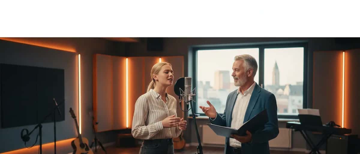 Junge Frau singt am Mikrofon im Proberaum während Gesangslehrerin ihr Feedback gibt