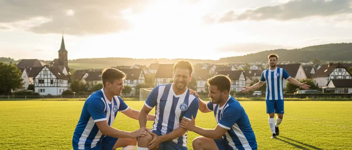 Hobbyfußballer hält sich das Knie nach einer Verletzung auf einem Amateurfußballplatz