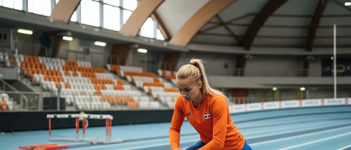 Nederlandse vrouwelijke atleet stretching in indoor atletiekhal, WK Indoor Atletiek 2026 Polen