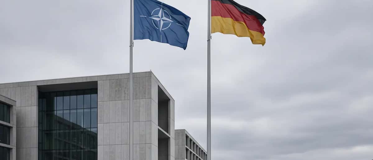 NATO-Fahne und deutsche Flagge vor einem Regierungsgebäude in Berlin, bewölkter Himmel