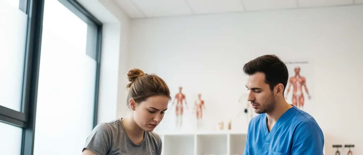 Femme sportive consultant un médecin du sport après une blessure aux adducteurs dans une clinique