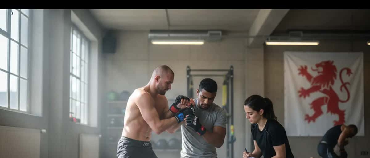 Twee MMA-vechters tijdens training in een Nederlandse sportschool, sportgeneeskundige focus