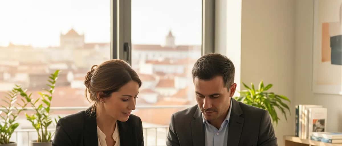 Uma mulher portuguesa consulta um especialista em gestão de poupanças sobre Certificados de Aforro num escritório profissional