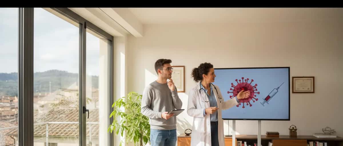 Medico italiano in camice bianco spiega vaccinazione a studente universitario in ambulatorio