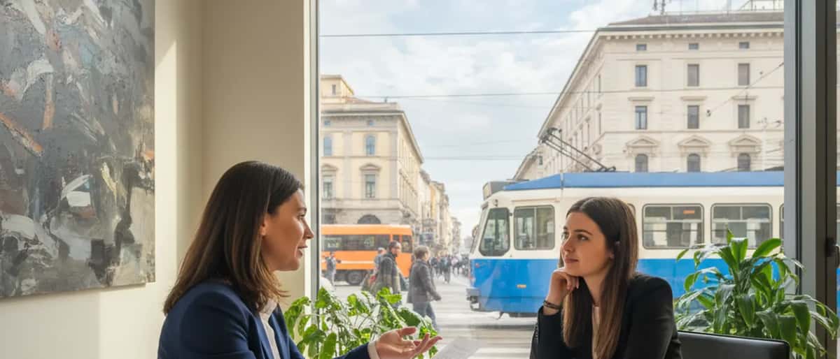 Avvocata italiana in ufficio moderno consulta un cliente sui diritti durante una manifestazione
