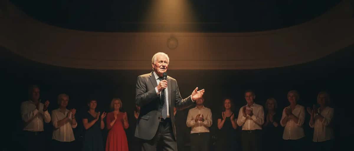Älterer deutscher Entertainer im Anzug auf einer kleinen Bühne, Scheinwerferlicht