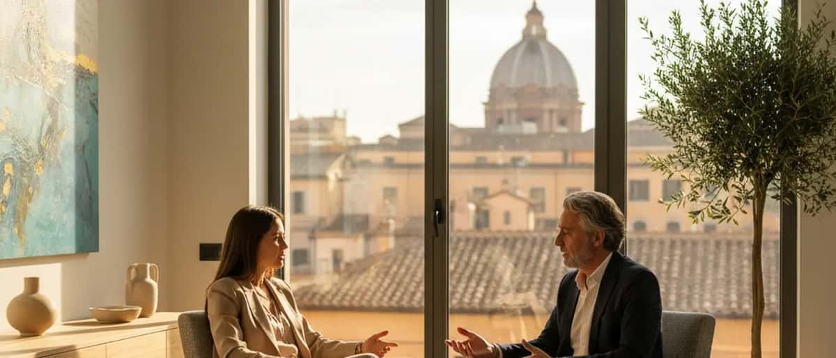 Giovane professionista italiano in colloquio con psicologo in studio moderno per discussione di carriera