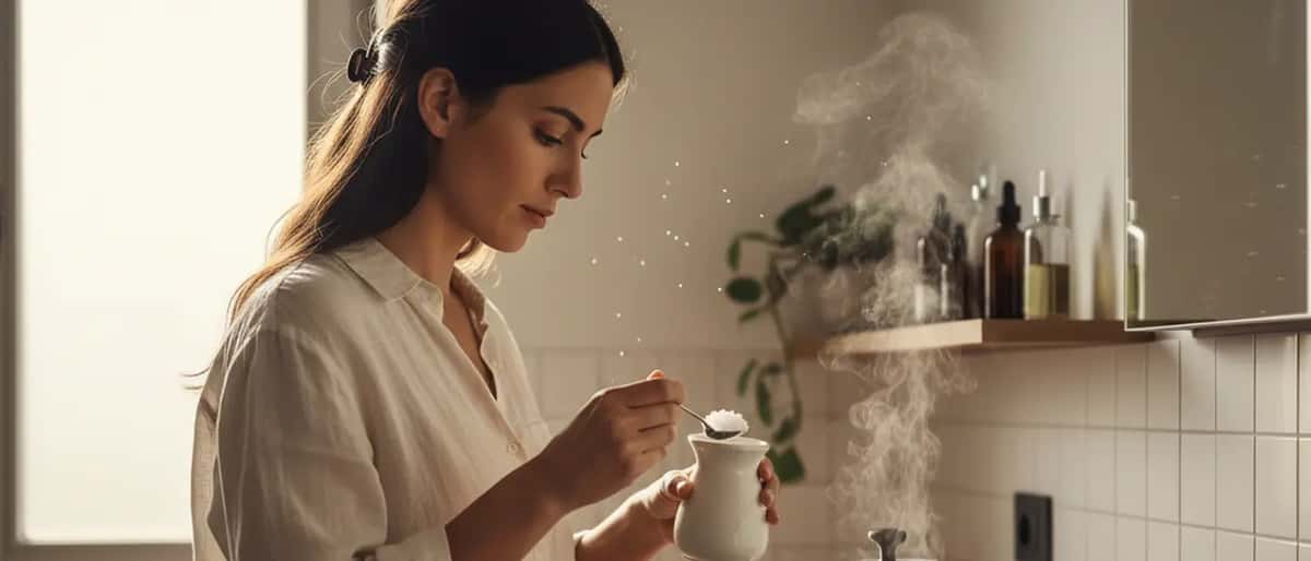 Donna italiana che prepara una soluzione nasale sterile in bagno