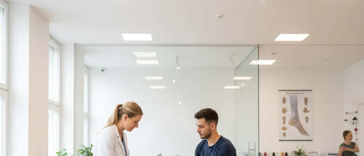 Sportmedizinerin untersucht das Sprunggelenk eines Tänzers in einer Klinik