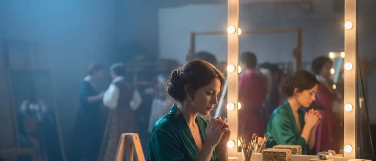 Attrice italiana che si prepara backstage prima di uno spettacolo teatrale