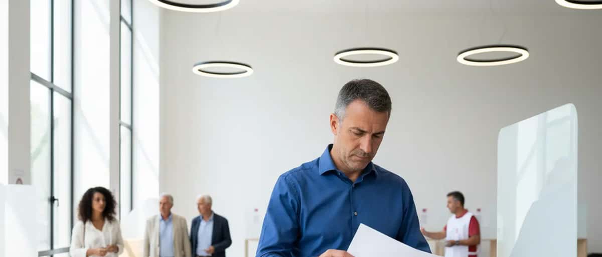 Cittadino italiano al seggio elettorale con scheda referendaria in mano