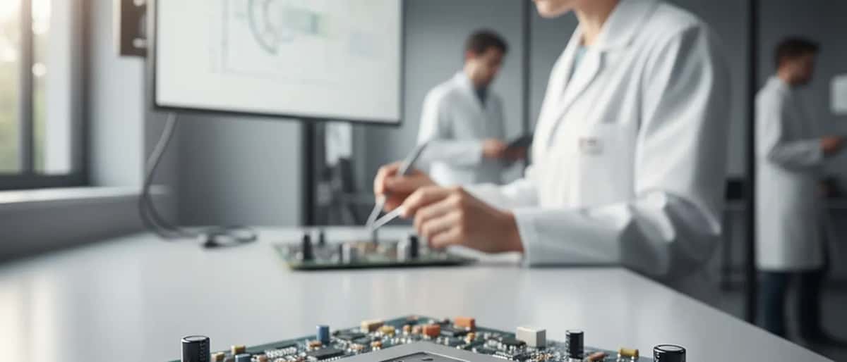 Ingénieur en électronique examinant des circuits imprimés et composants sur un établi dans un atelier de réparation