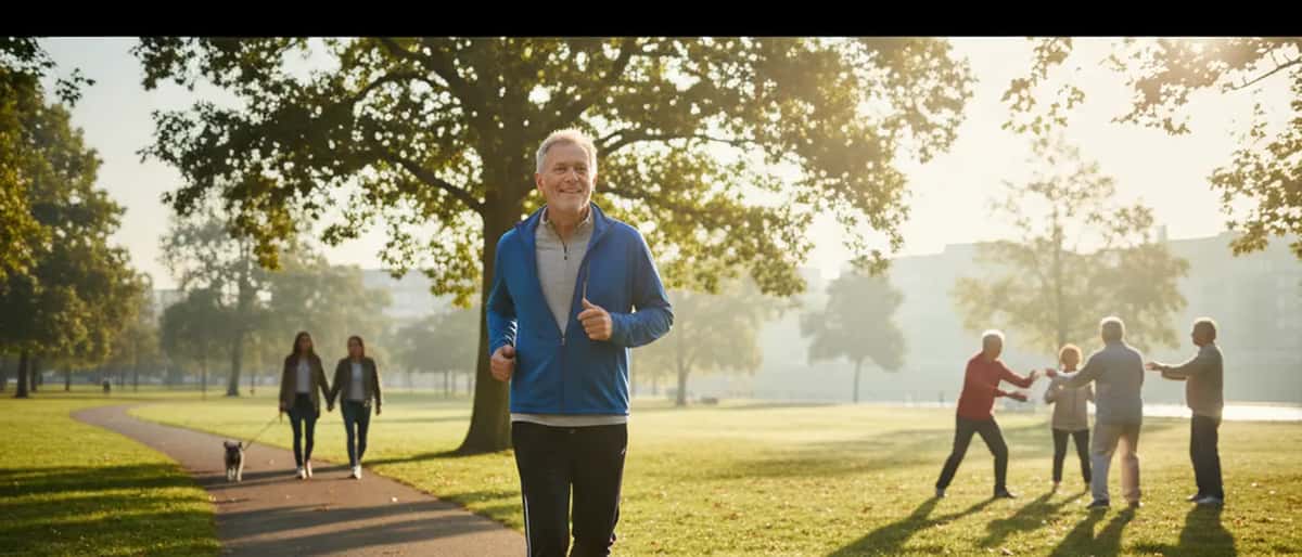 Aktiver älterer Mann beim Joggen im Park, gesund und fit mit 70 Jahren