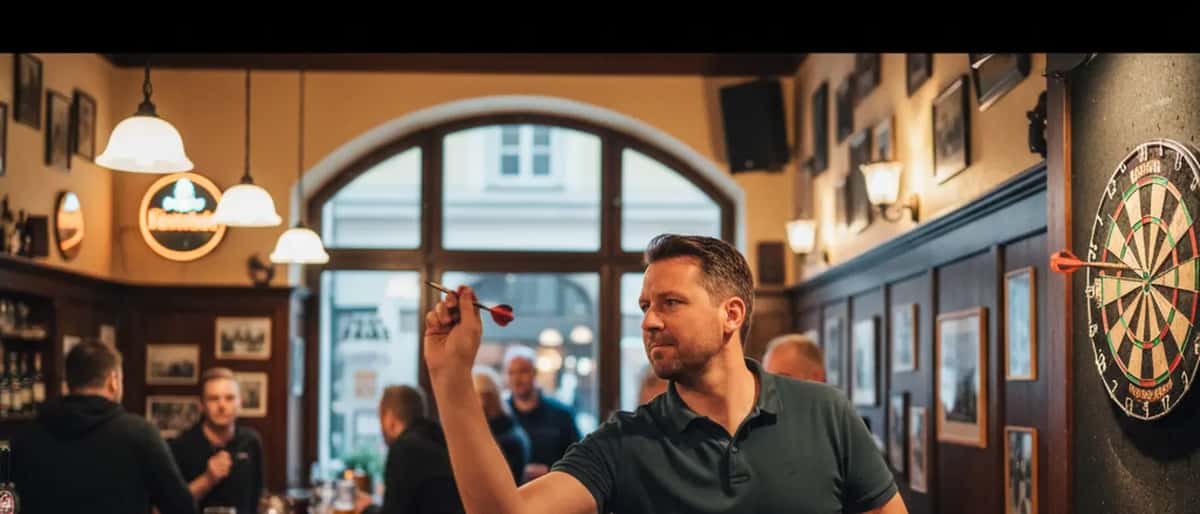 Deutscher Dartspieler hält seinen Ellenbogen nach dem Wurf, Überlastungsverletzung