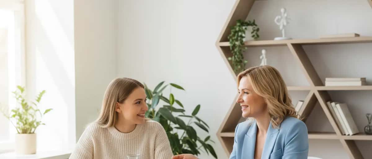 Suomalainen ravitsemusasiantuntija konsultoi asiakasta terveellisestä ruokavaliosta valoisassa toimistossa