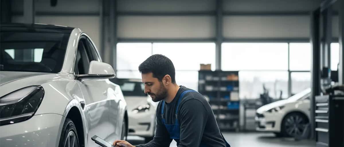 Mecânico português em fato azul a inspecionar um Tesla Model 3 branco numa oficina moderna com tablet de diagnóstico