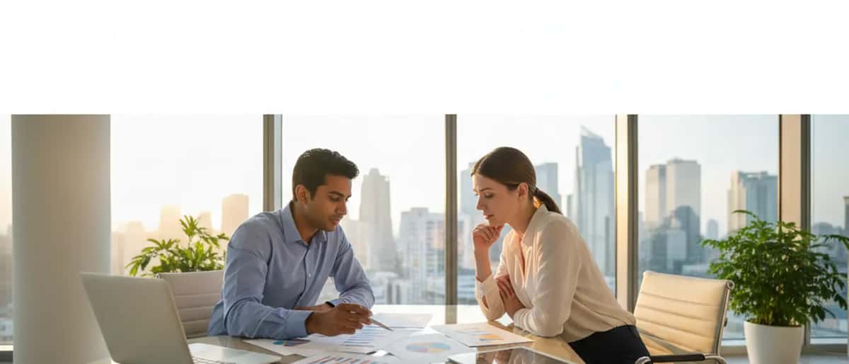 Financial advisor reviewing investment portfolio with client in professional American office, charts on desk