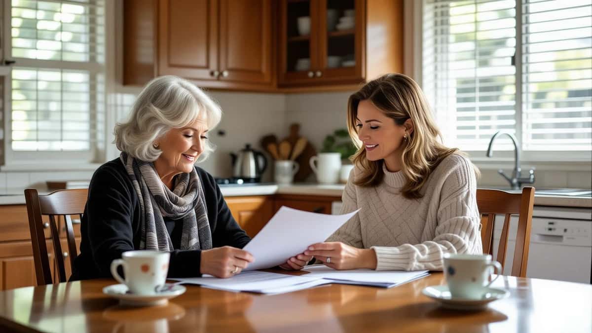 An elderly Australian woman and her adult daughter review Support at Home documents at their Brisbane kitchen table