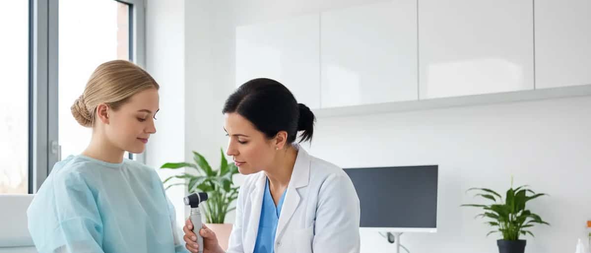 Eine junge Frau lässt ihre Haut von einer Dermatologin in einer modernen Praxis untersuchen