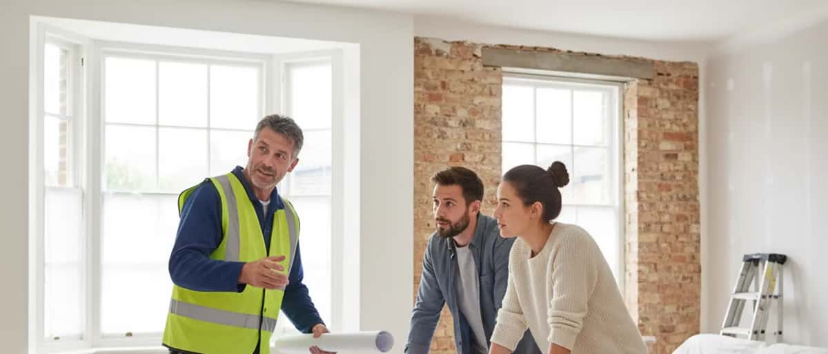 Professional tradesperson discussing renovation plans with homeowners in a partially renovated British home