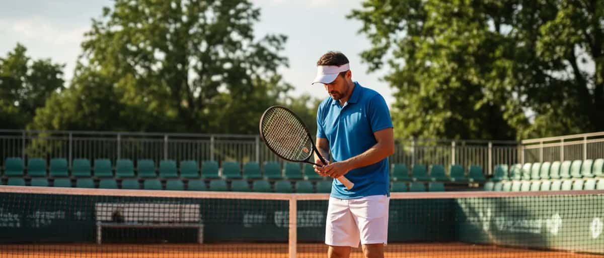 Tennista amatoriale su campo in terra battuta, pausa tra i punti, espressione concentrata