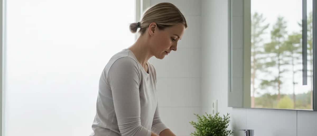 Suomalainen nainen pesee käsiä huolellisesti saippualla ja vedellä modernissa kylpyhuoneessa