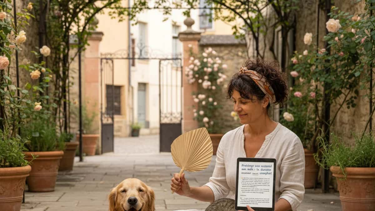 Propriétaire française s'occupant de ses chiens et chats à l'ombre dans un jardin de Lyon en été