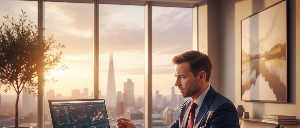 Wealth manager reviewing investment charts on a laptop in a modern British office