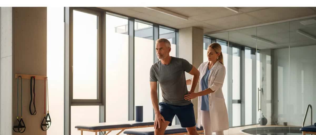 Mann beim Stretching mit sportmedizinischer Betreuung in einem modernen Fitnessstudio