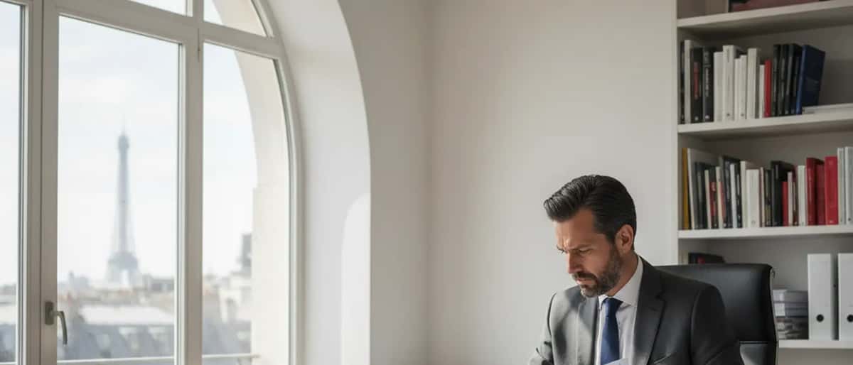 Bureau d'un commissaire de justice français avec documents de recouvrement de créances et balance de la justice