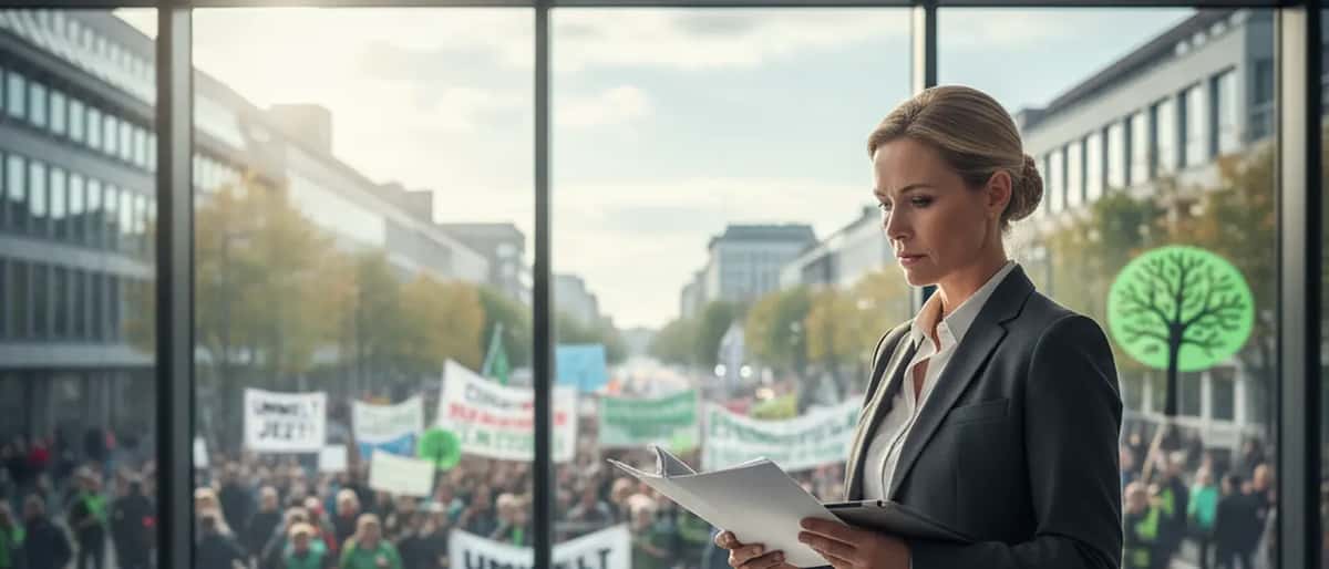Deutscher Rechtsanwalt prüft Dokumente zu Umweltprotesten in modernem Büro