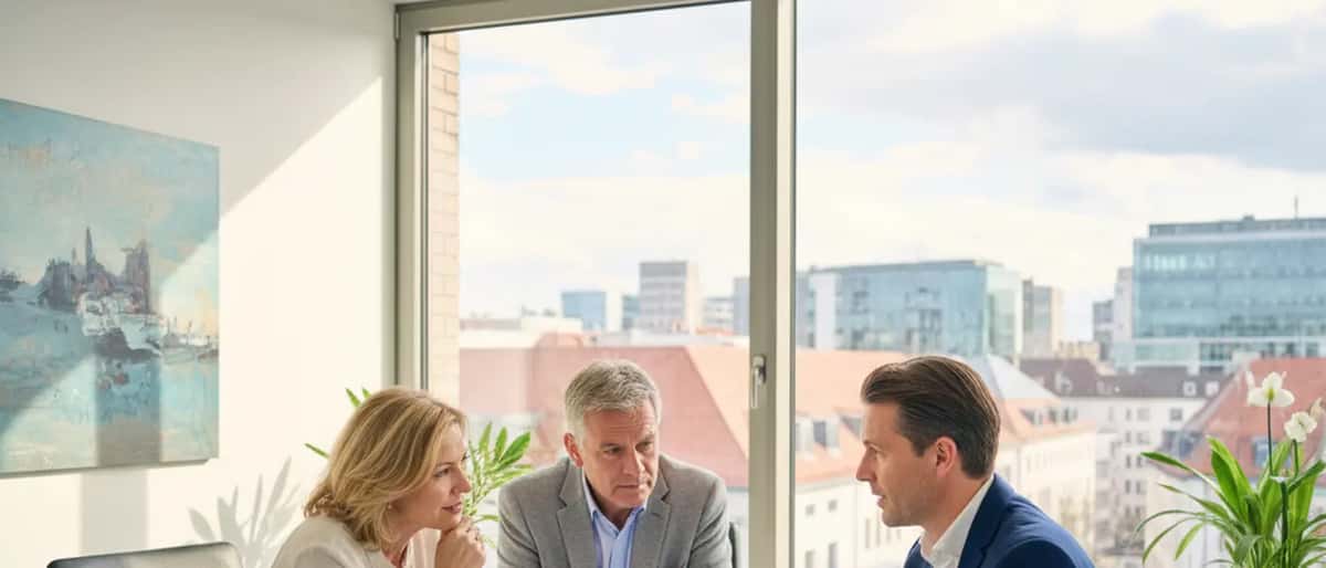 Finanzberater im modernen Büro zeigt Investmentunterlagen an Kundenpaar