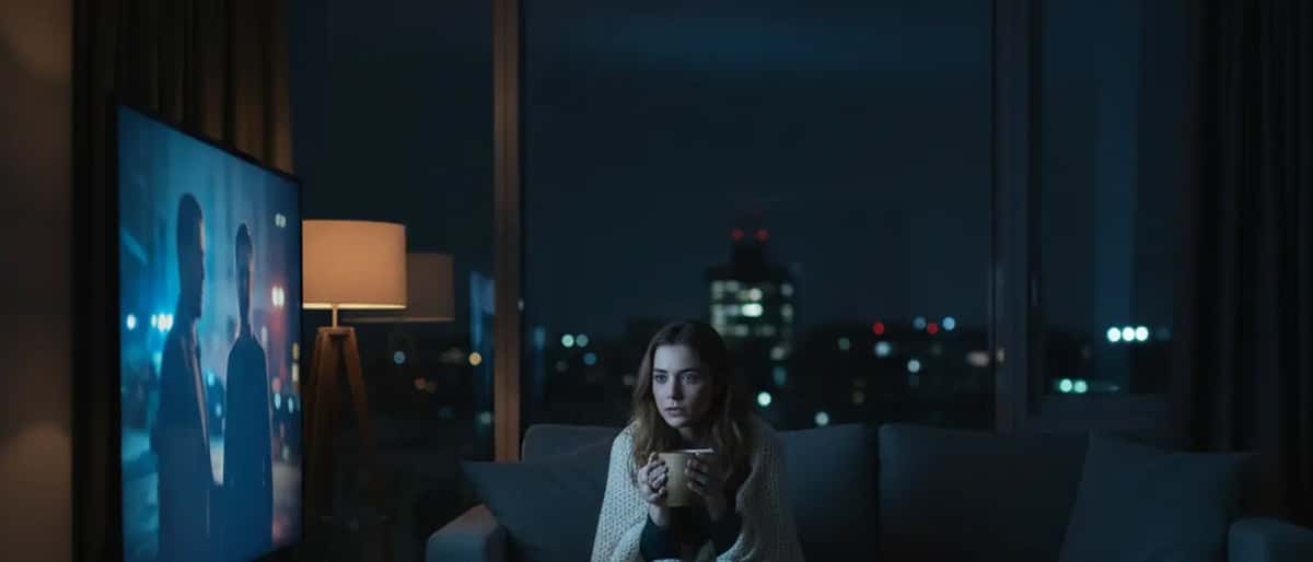 Woman watching crime drama alone at night looking anxious