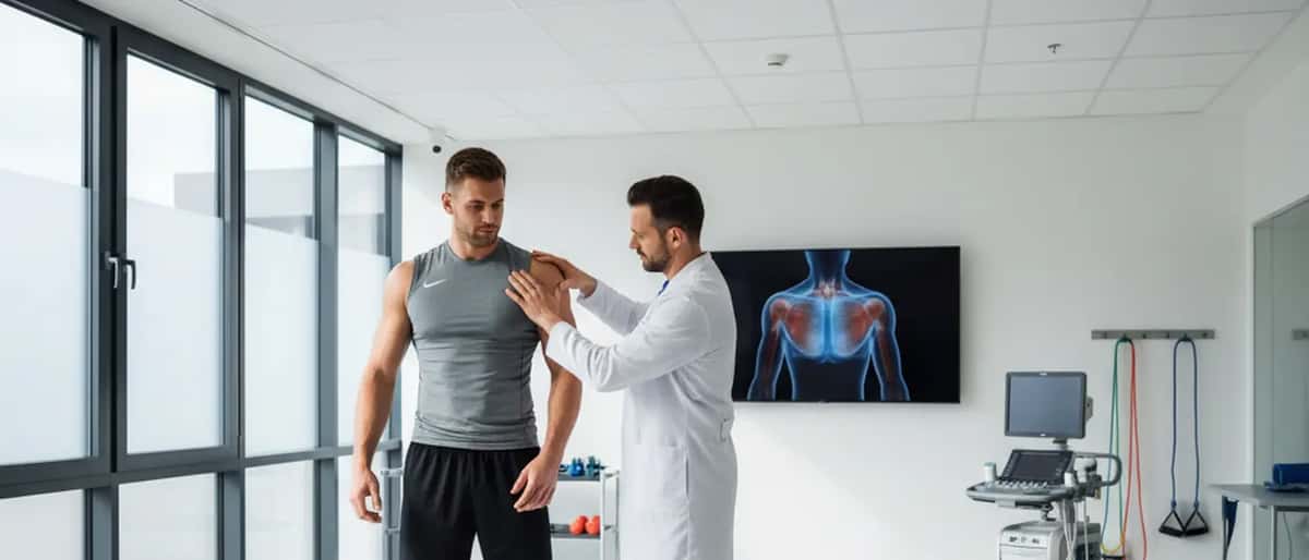 Deutscher Handballer bei sportmedizinischer Schulteruntersuchung